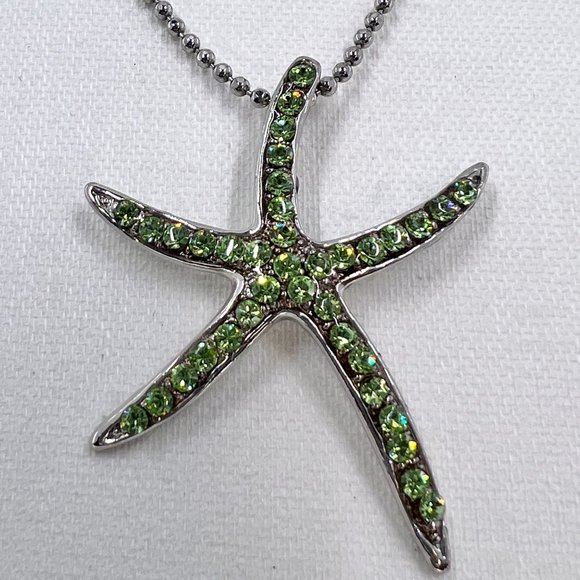 Green Jeweled Starfish Pendant Silver Tone 16” Ball Chain Necklace - Picture 5 of 7